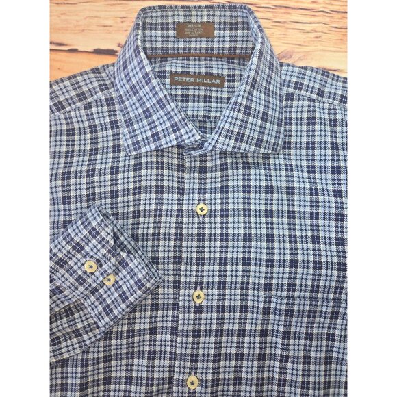 Peter Millar Mens Blue Plaid Shirt Medium Cotton Long Sleeve - Picture 5 of 7